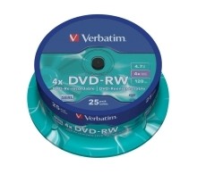 DVD-RW - 4.7GB/120Min  4-fach/Spindel  Packung mit 25 Stück
